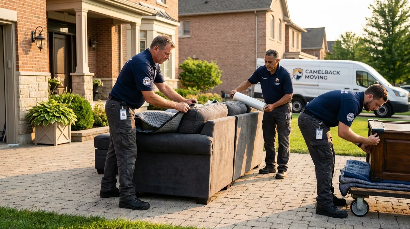 Large estate moving crew wrapping furniture in Leeds, ME