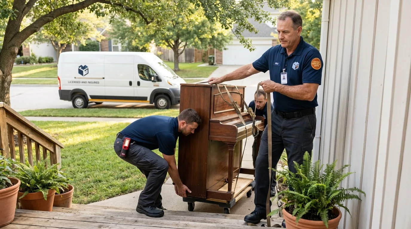 Licensed piano movers securing grand piano in Leeds, ME