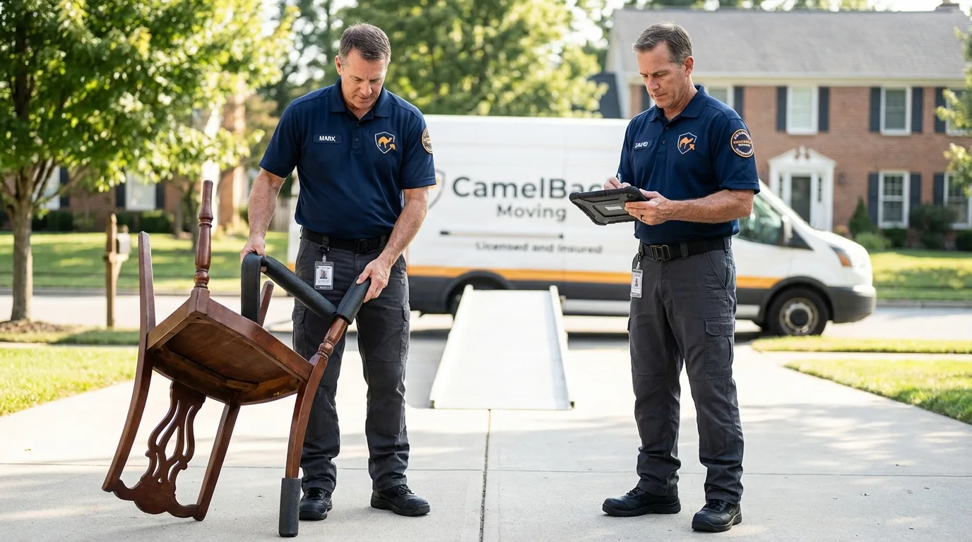 Movers inspecting furniture for damage prevention before loading in Leeds, ME
