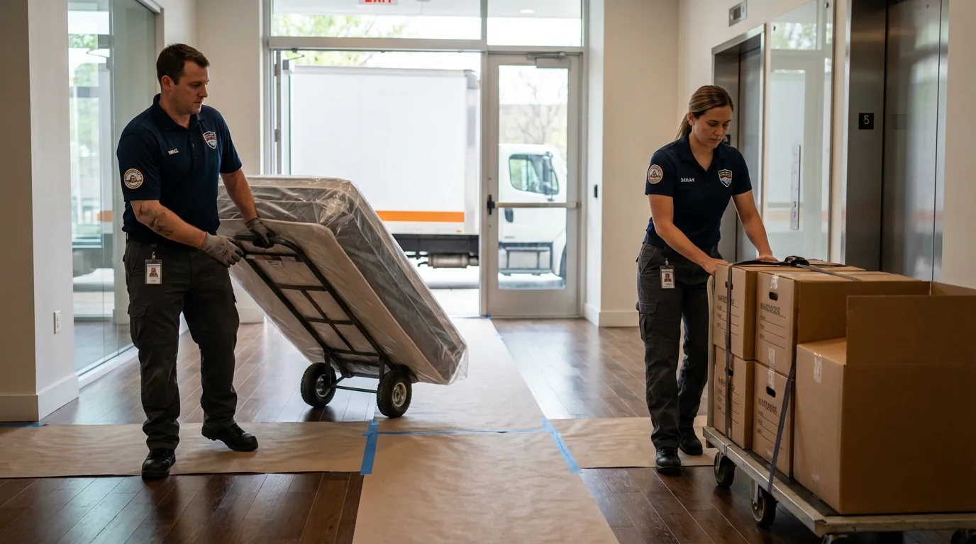 Professional apartment movers loading elevator in Leeds, ME