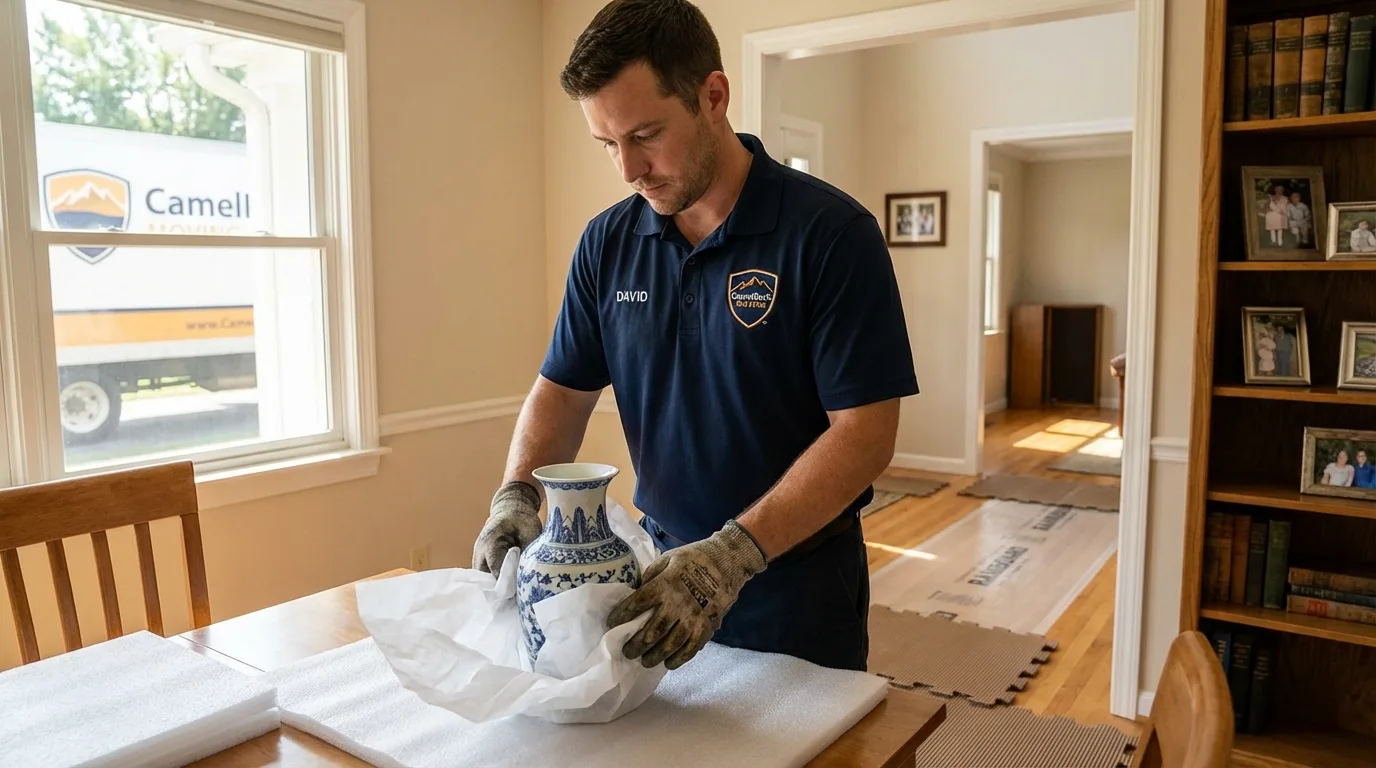 Professional crew carefully wrapping antique vase for senior downsizing move in Leeds, ME