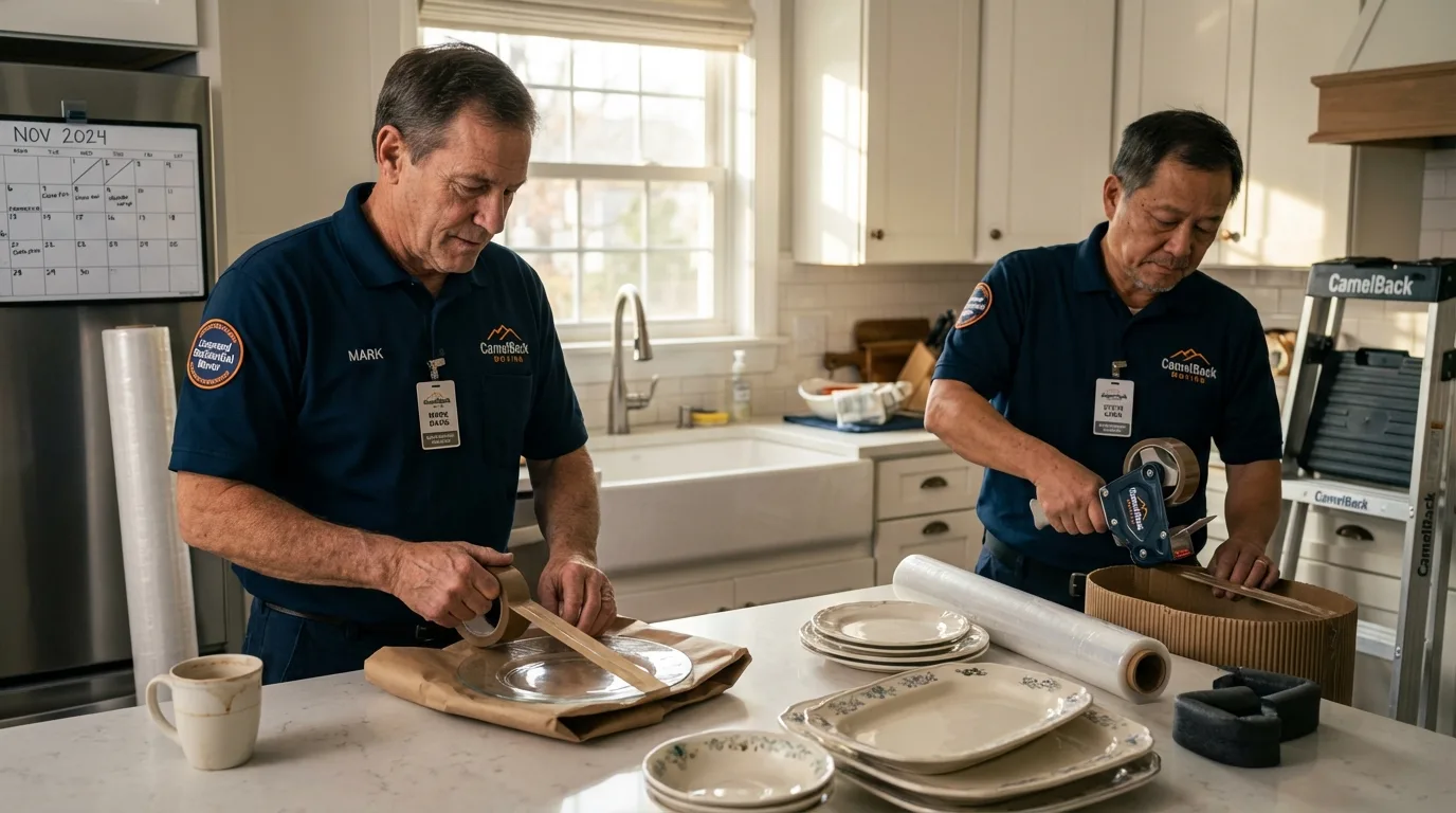 Professional crew packing kitchen dishware in Leeds, ME